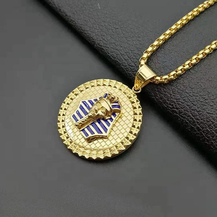 Stainless Steel Disc Gold Plated Hiphop Egyptian Jewelry Pyramid Pharaoh Pendant Necklace