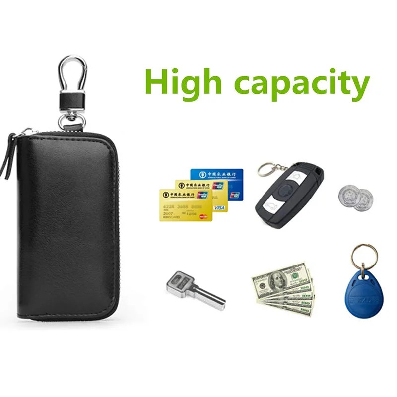 Genuine Leather 2 Card Slot Key Holder Keyring Zipper Bag 6 Hooks Keychain Case  Protection Cover Car Fob Key Holder Wallet