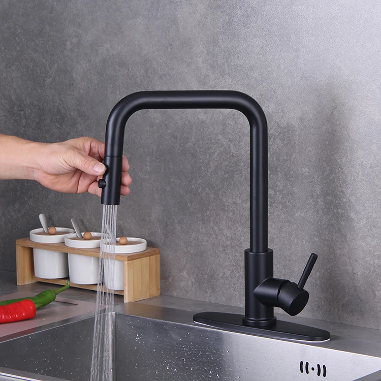 Deck Mounted Single Handle Square Arc Black Kitchen Sink Faucet with Pull Down Sprayer