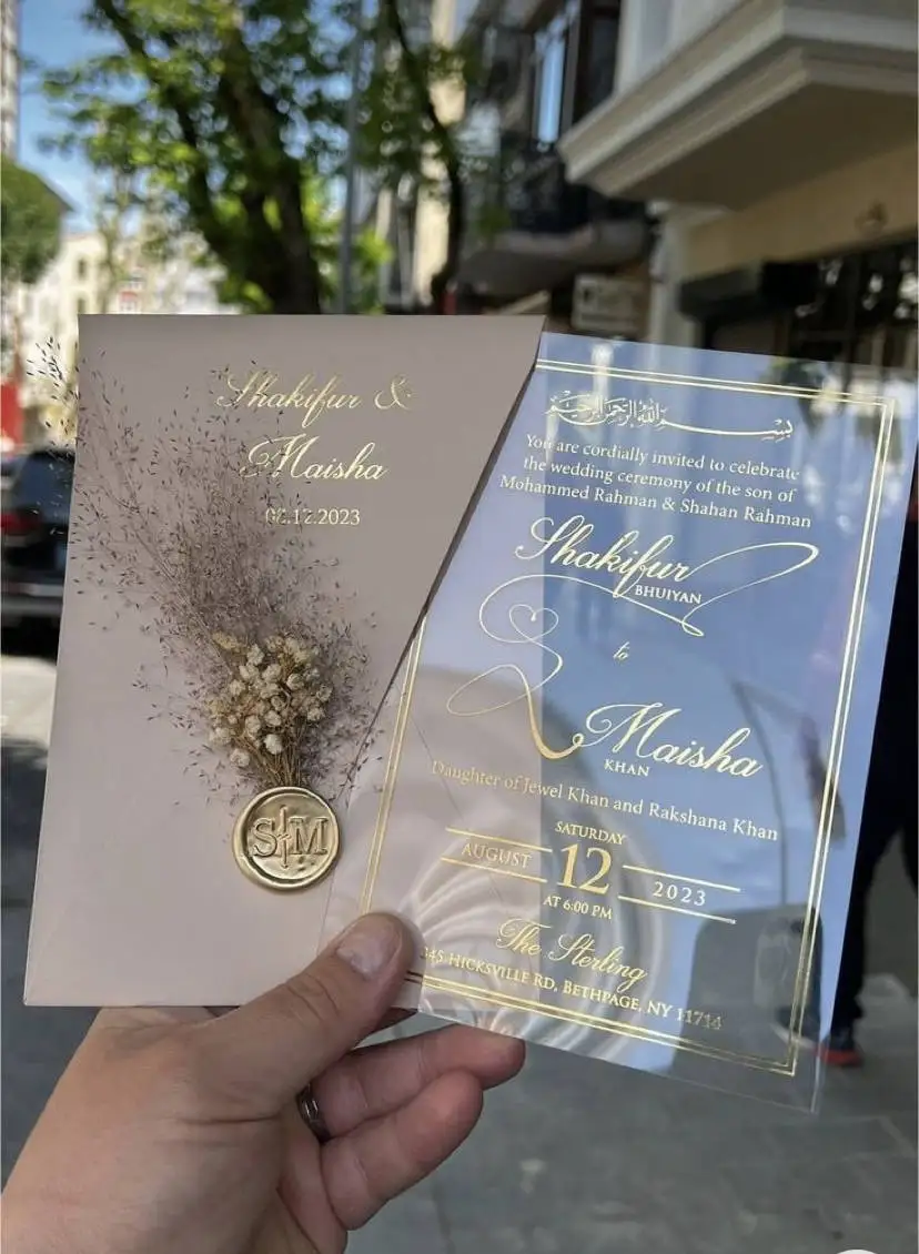 Custom Wedding Party Event Card Wedding Acrylic Invitation Cards Personalized Wedding invitations with Wax Seal GreeneryWedding