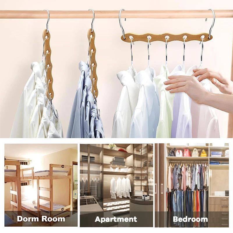 SOPEWOD Single-Tier Wooden Clothes Hangers Lacquered Cascading 5 Slots Multifunctional Double Hooks Living Room Organization