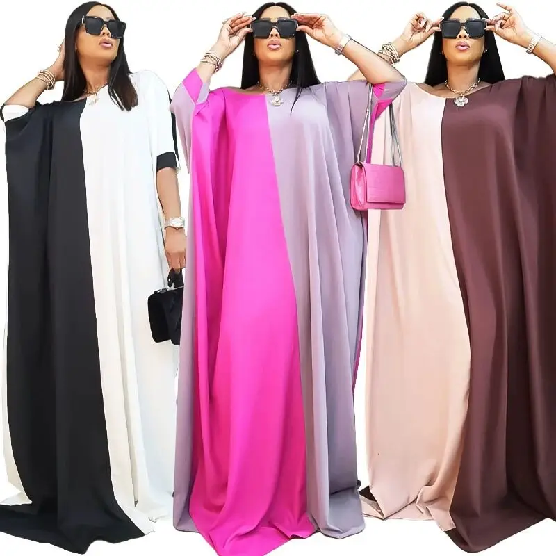 2022 fashion free size two tone maxi dress  women muslim dress short sleeve kaftan style loose robes islamic clothing