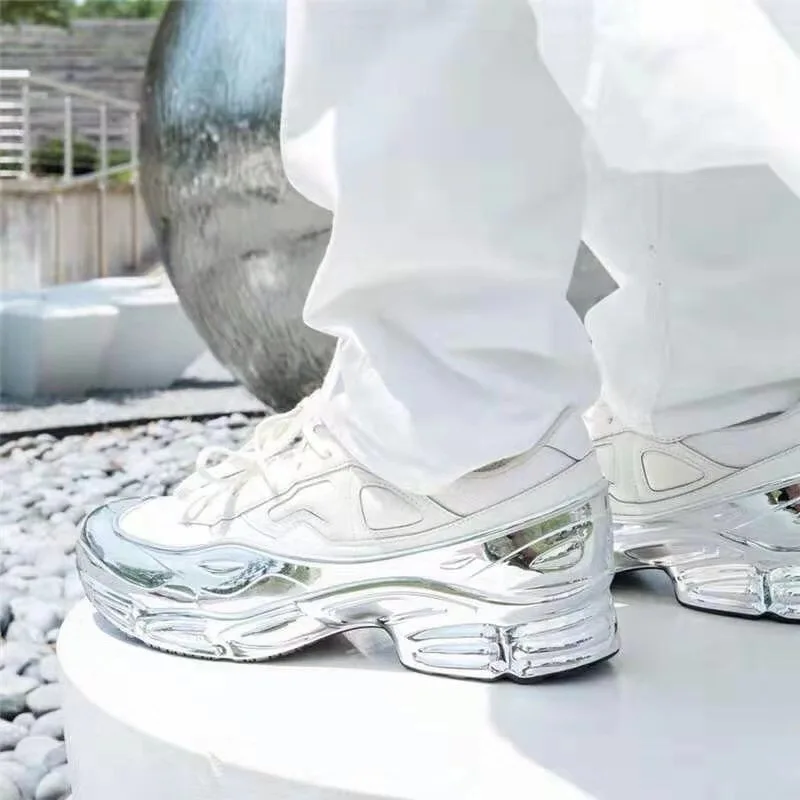 European New Style Raf Simons Ozweego Black Silver Metallic Leather Invisible 7 High Sports Running Shoes