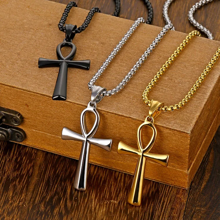Vintage Religious Cross Christian 316 Stainless Steel Egyptian Ankh Pendants Necklace for Fine Fashion Jewelry Necklaces Men