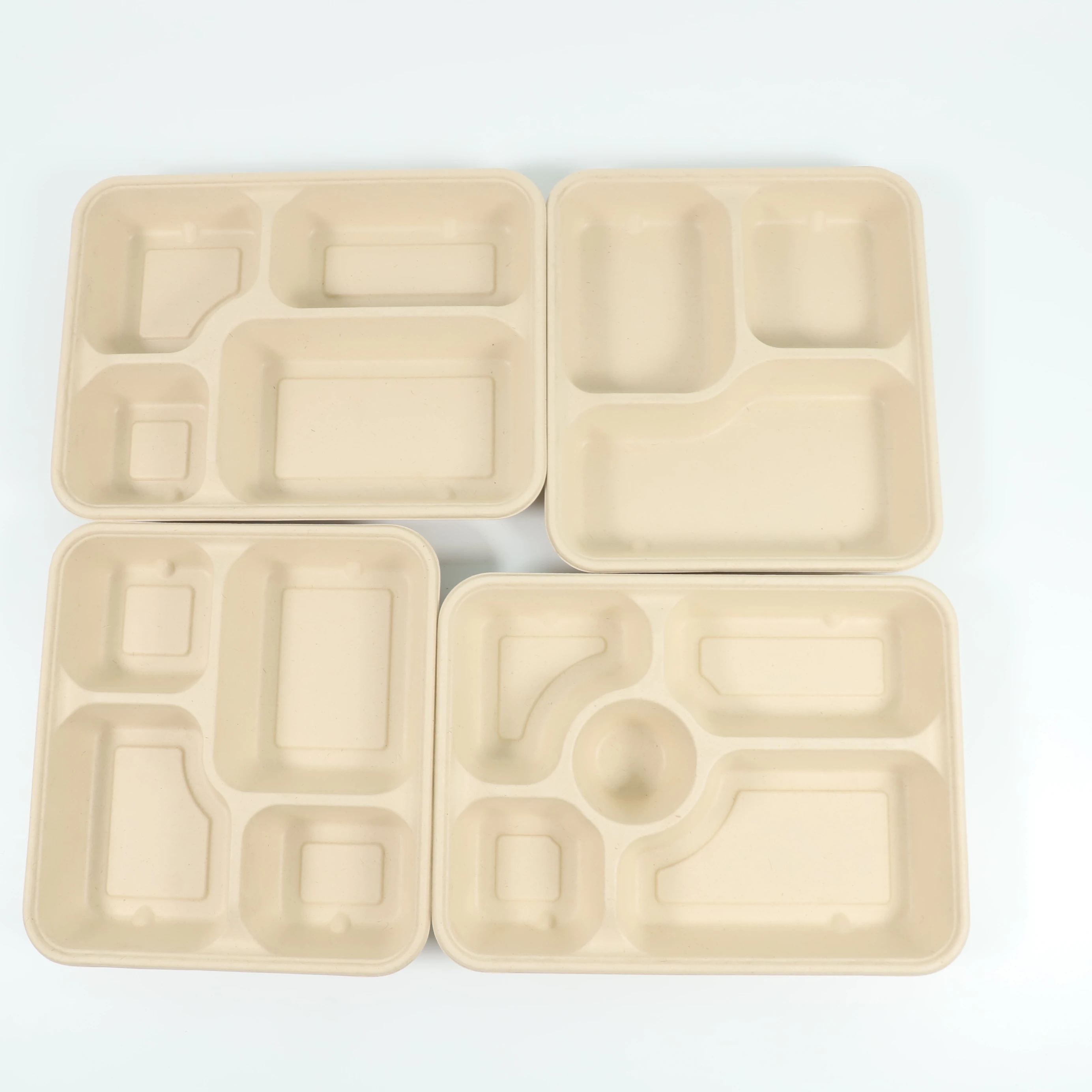 Biodegradable Disposable 3 Compartment Tableware Tray Bamboo Paper Pulp with Sugar Cane Bagasse Lid Eco-Friendly Bagasse Box
