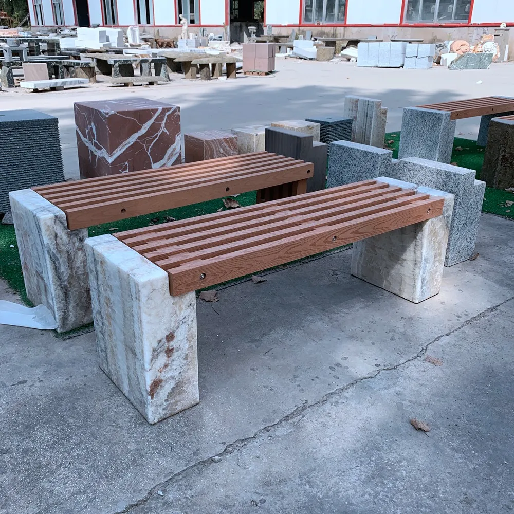 
outdoor furniture Natural stone legs PVC wood vein bench 