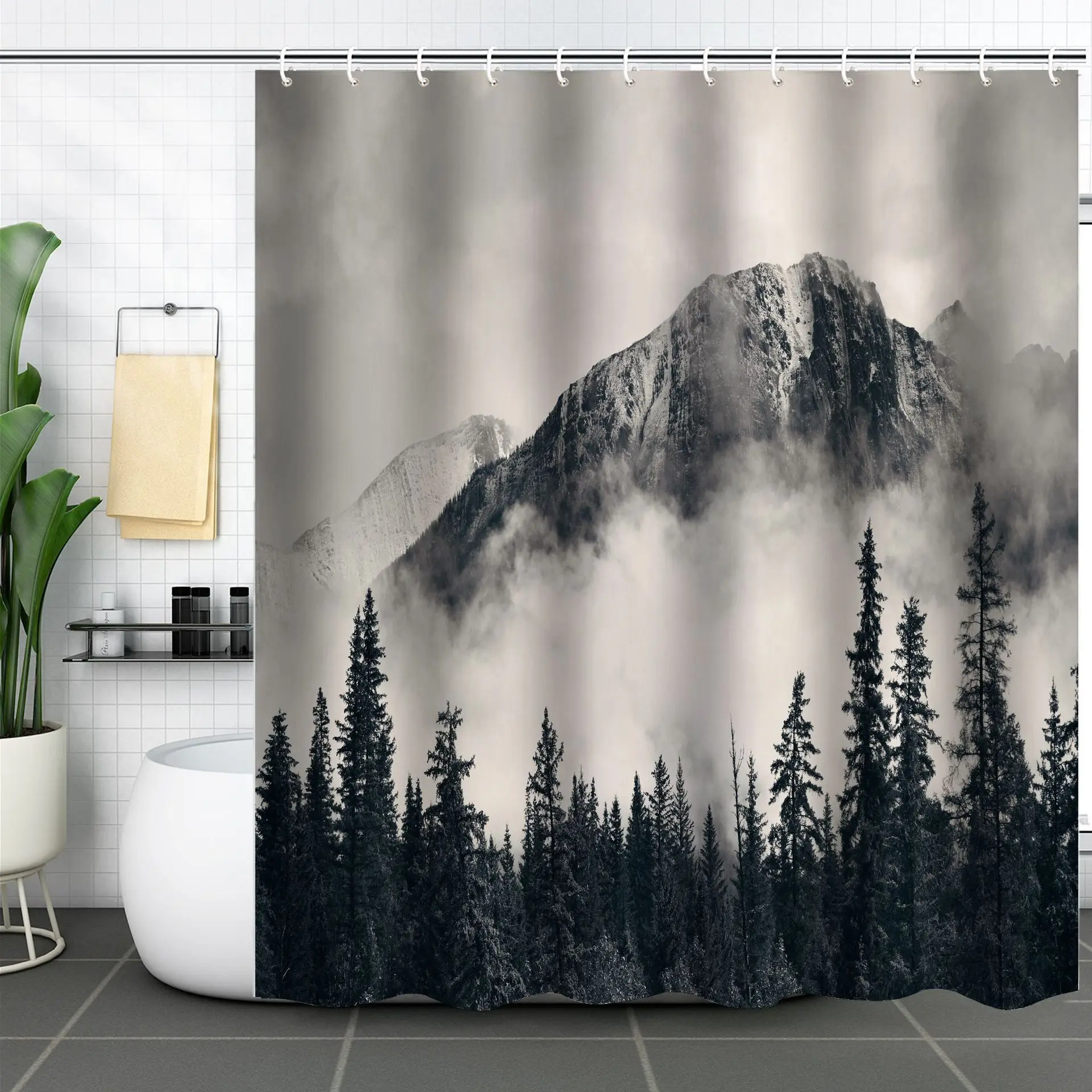 Polyester Waterproof Printing Mountain Misty Forest Tree Woodland Hooks Printed Shower Curtain For Bathroom