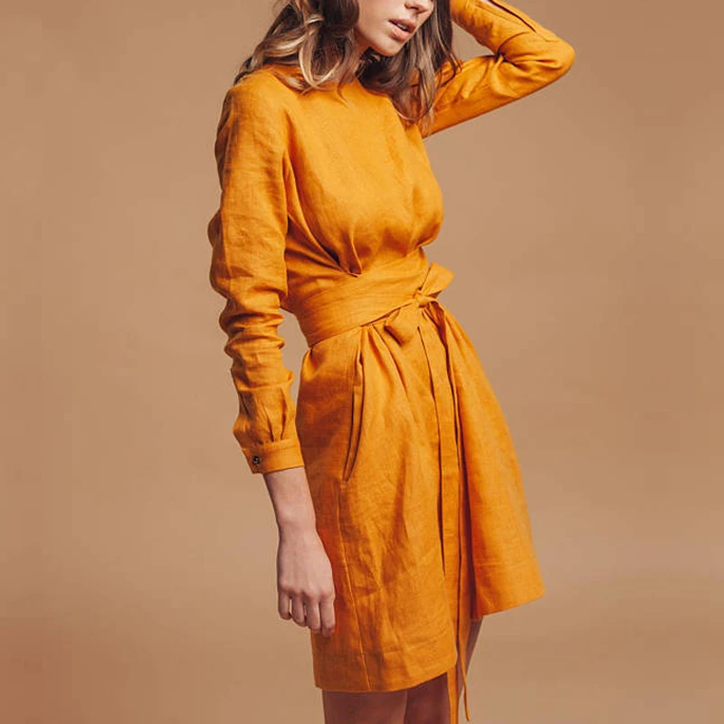 Custom Women Cotton Linen Dresses Wrap 100% Linen Dress