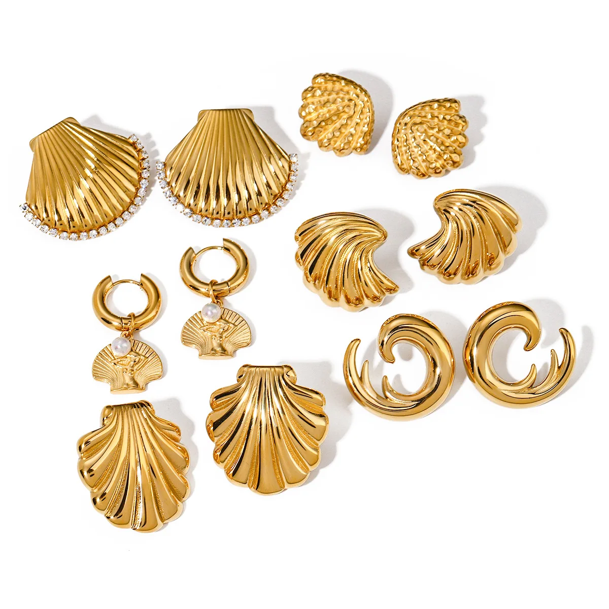 LIQI New Arrival Ocean Series Women 18k Gold Plated Stainless Steel Hammer Textured Spiral Chunky Shell Stud Earring