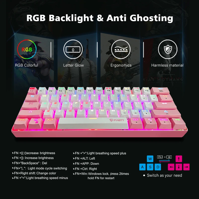 OEM factory wholesale RGB 60% gaming mechanical keyboard hot selling rgb backlit pcb hotswap pink mechanical gaming keyboard