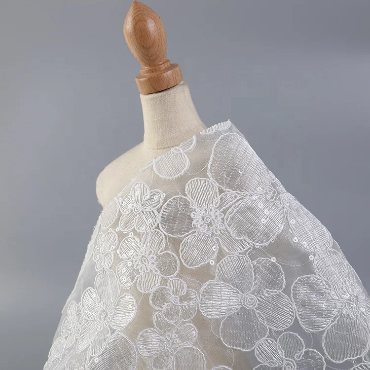 Белая основа из органзы 2 мм, прозрачные блестки, Цветочная вышивка, ткань для свадебных платьев