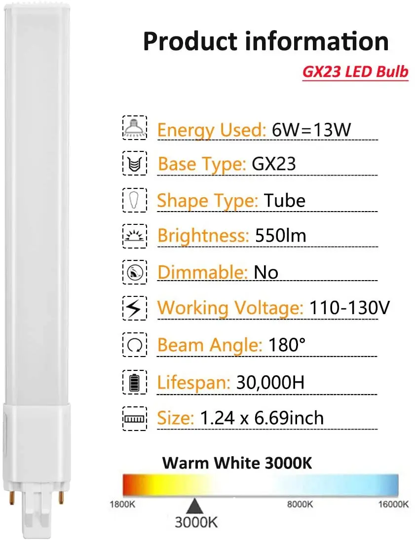  Новинка 6 Вт GX23 Светодиодная лампа PL GX23d 2-контактная основа 13 CFL сменная 3000K теплый белый