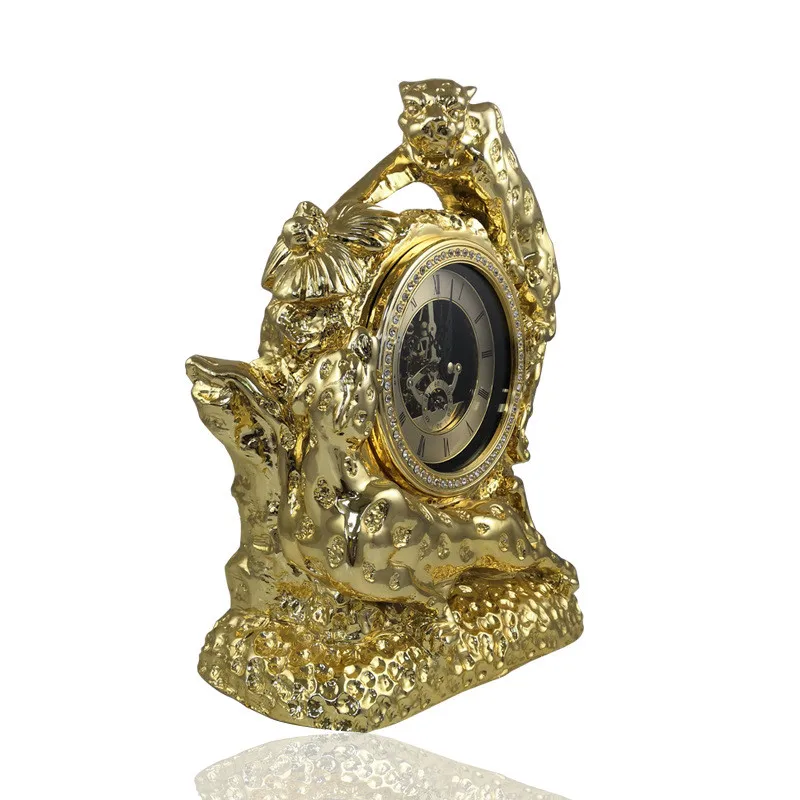 Artificial Gold /Silver Plated Home Decoration Animal Craft Leopard Resin Statue With Clock Figurine Sculpture