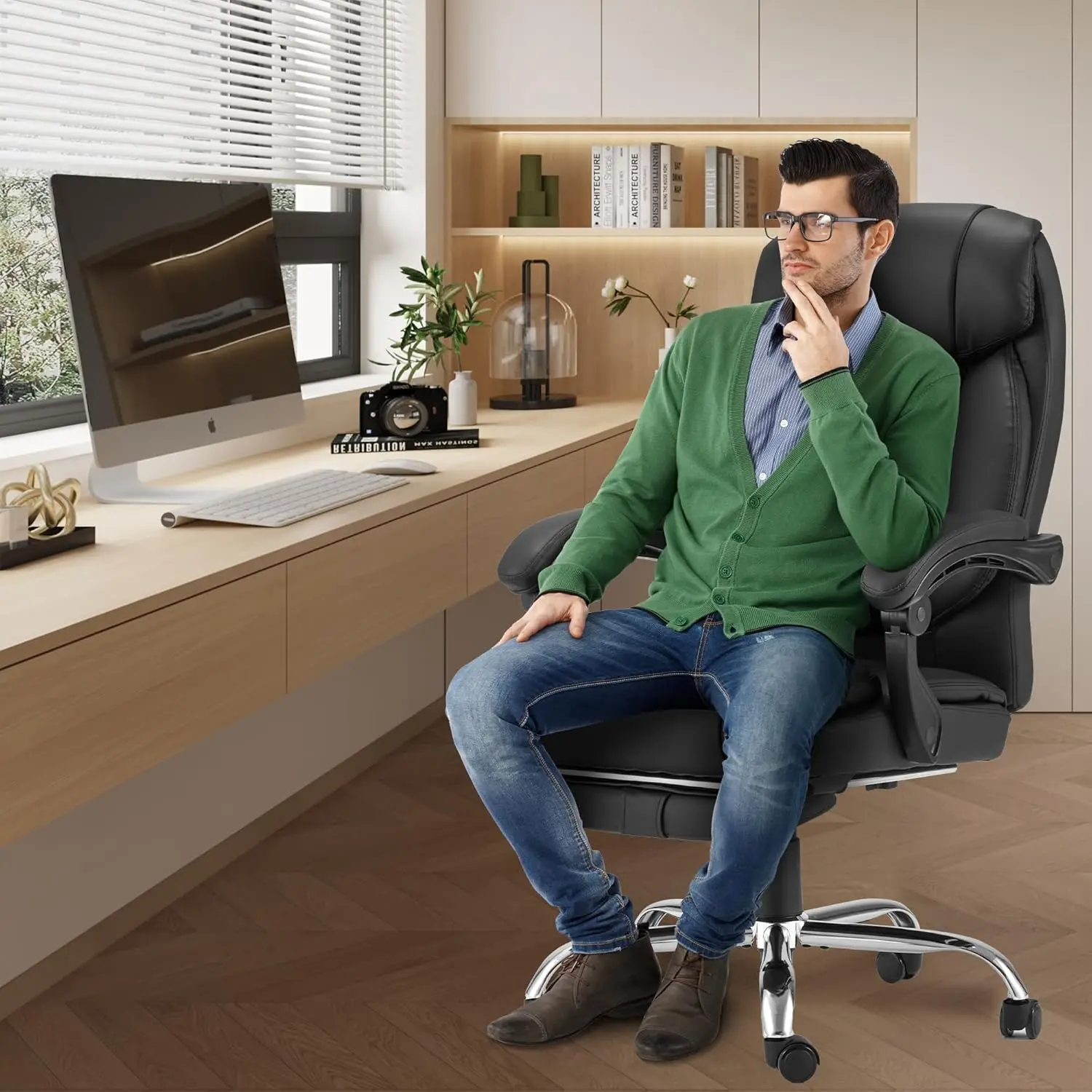 Best Executive Chair Black Reclining Ergonomic Home Office Furniture Revolving Lifting Massage Office Chair with Heat Footrest