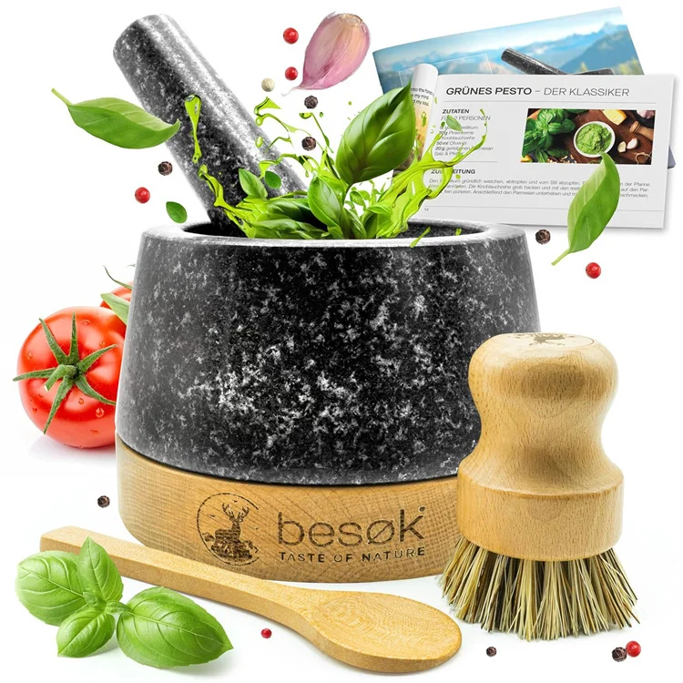 Natural Granite Mortar and Pestle set with oak wood base