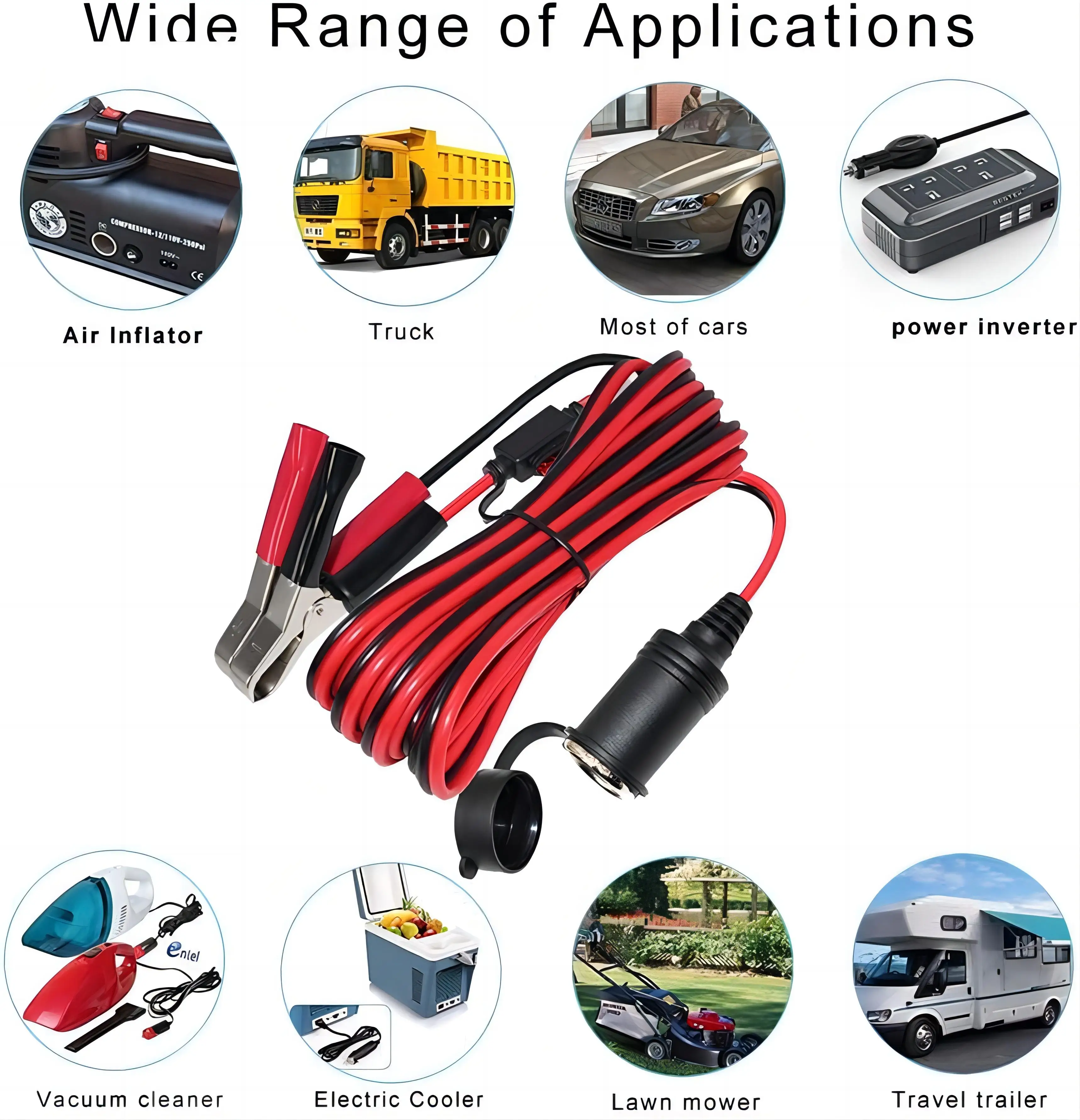 20FT Battery To Cigarette Adapter 12 Volt Female Lighter Socket 12v Power Supply Extension Cable With Clips Alligator