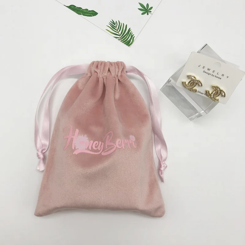 Custom Logo Pink Draw String Velvet Pouch Jewelry Storage Velvet Fabric Drawstring Pouch