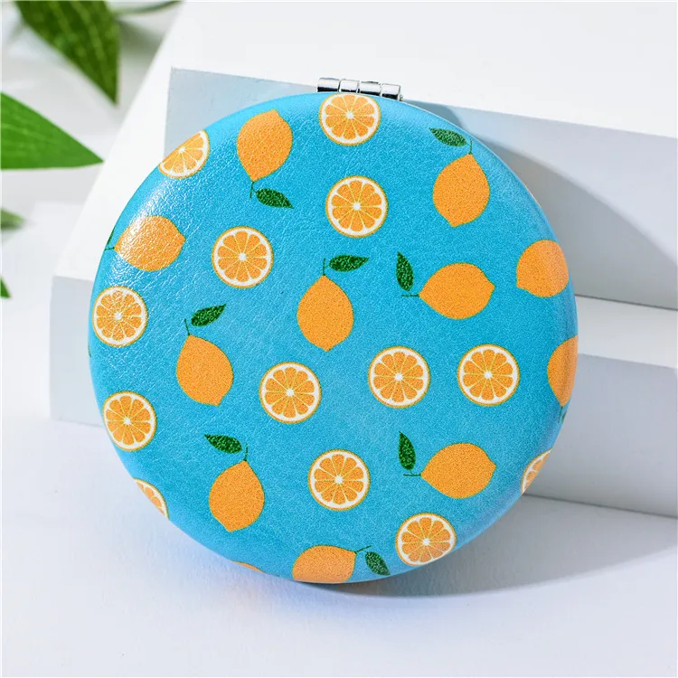 Customized Logo Beauty Round Frame Fruit Printed Handheld Mirror, Travel Portable High Definition Pocket Mirror