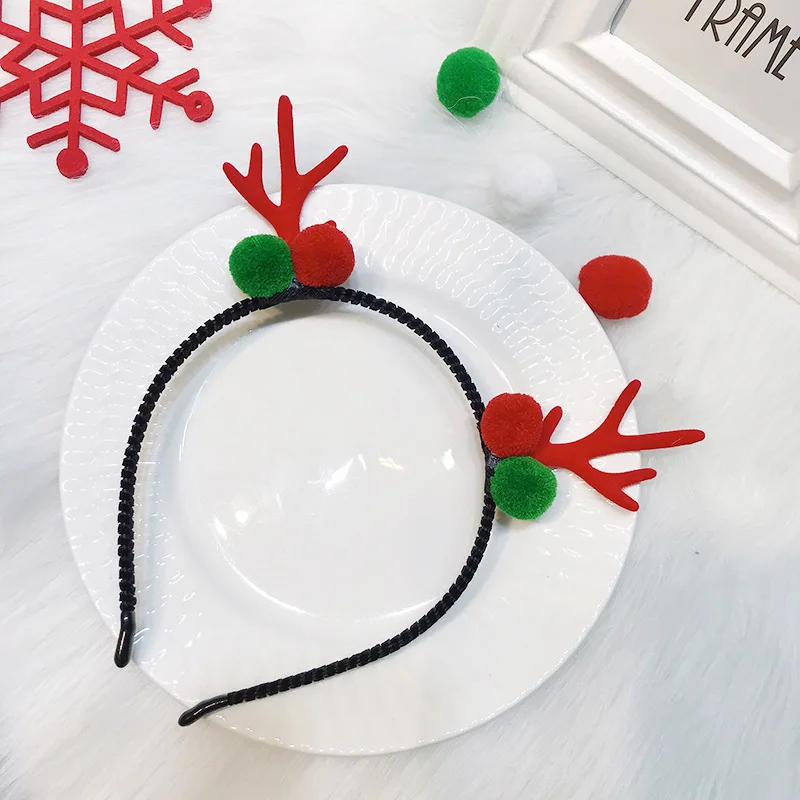 Christmas Super Cute Girl Three-color Small Antler Hair Clips And Headband With Red Green Hairballs