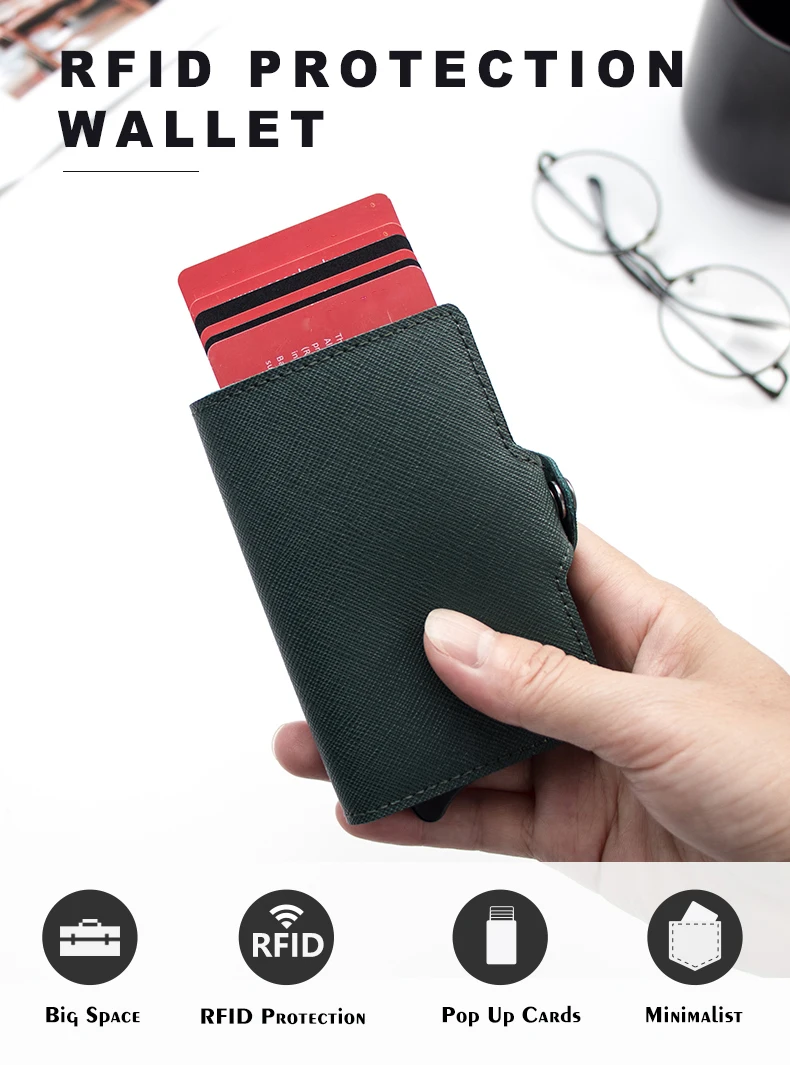 Custom Logo RFID Genuine Leather Wallet for Women Men Metal Card Holder RFID cardholder Porte Carte