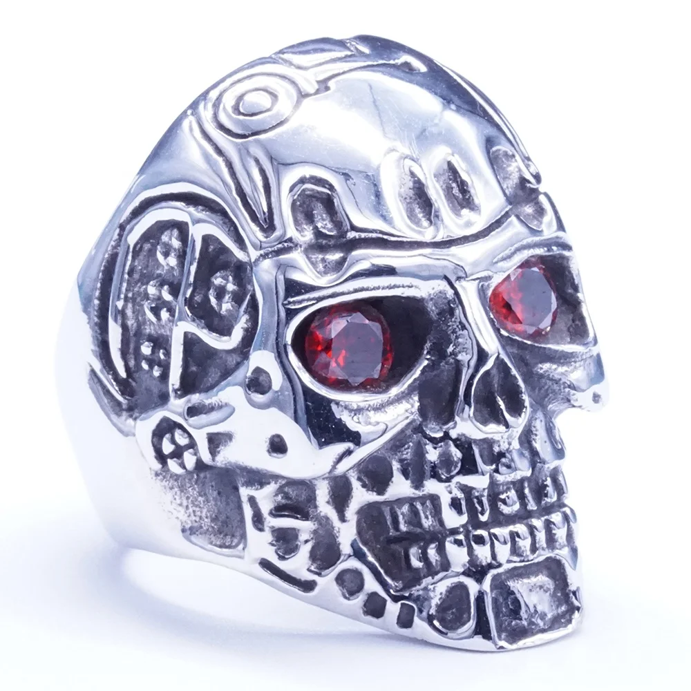 Red Stone Eye Design Skull Mens Rings Stainless Steel Jewelry