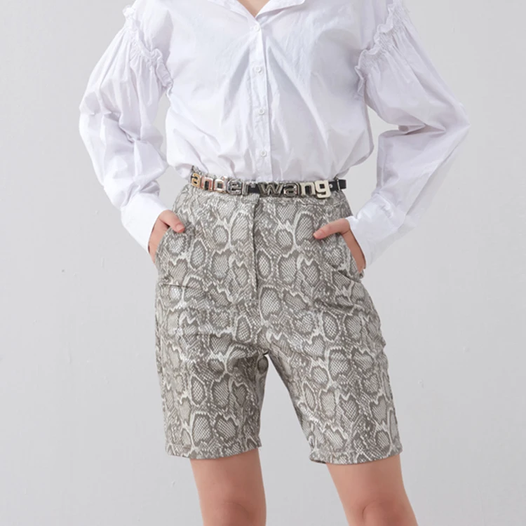 New Fashion Plus Size Women Snake PU Shorts High Waist Zipper Up Leather
