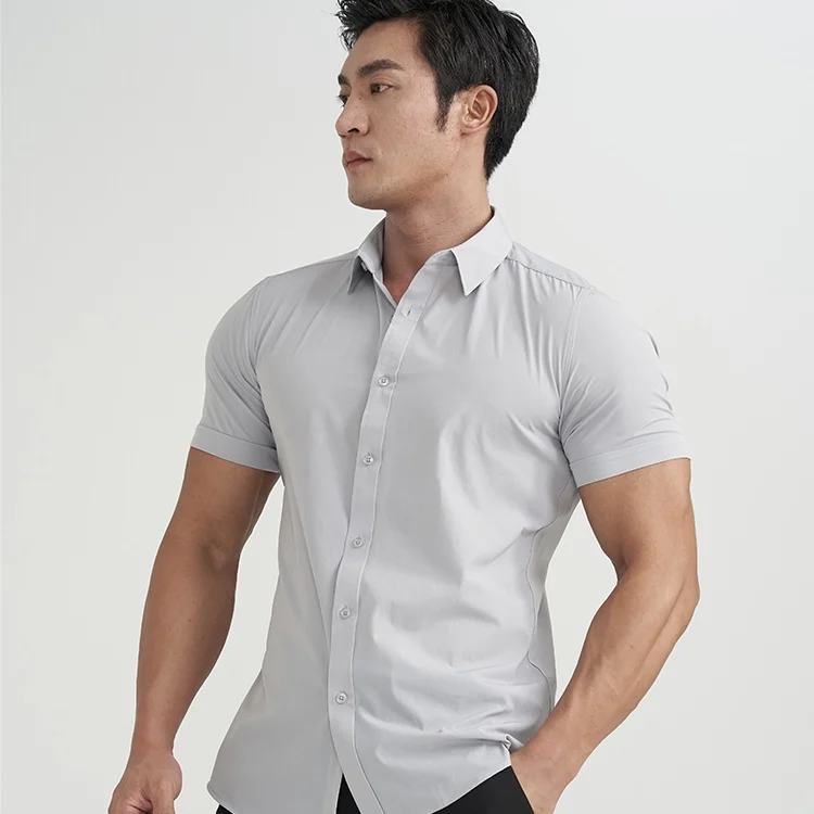 Men Solid Colour Formal Short Sleeve Cotton Breathable Stretch Slim Fit Shirt Quick-drying Wrinkle-resistant Fitness Shirt