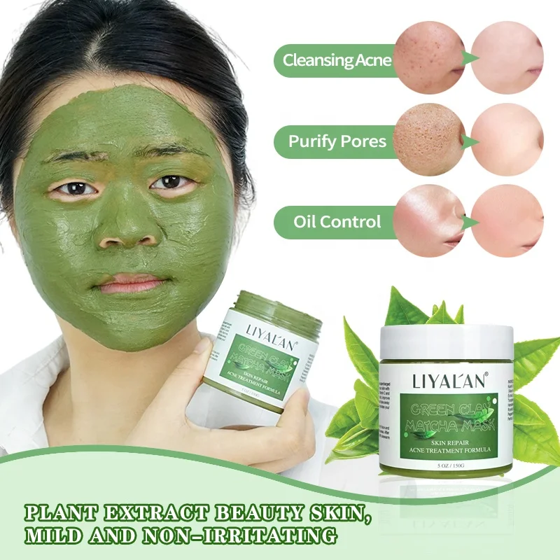 Private Label Face Detoxifying Oil Control Acne Removal Whitening Bentonite Green Tea Matcha Mud Facial Clay Mask