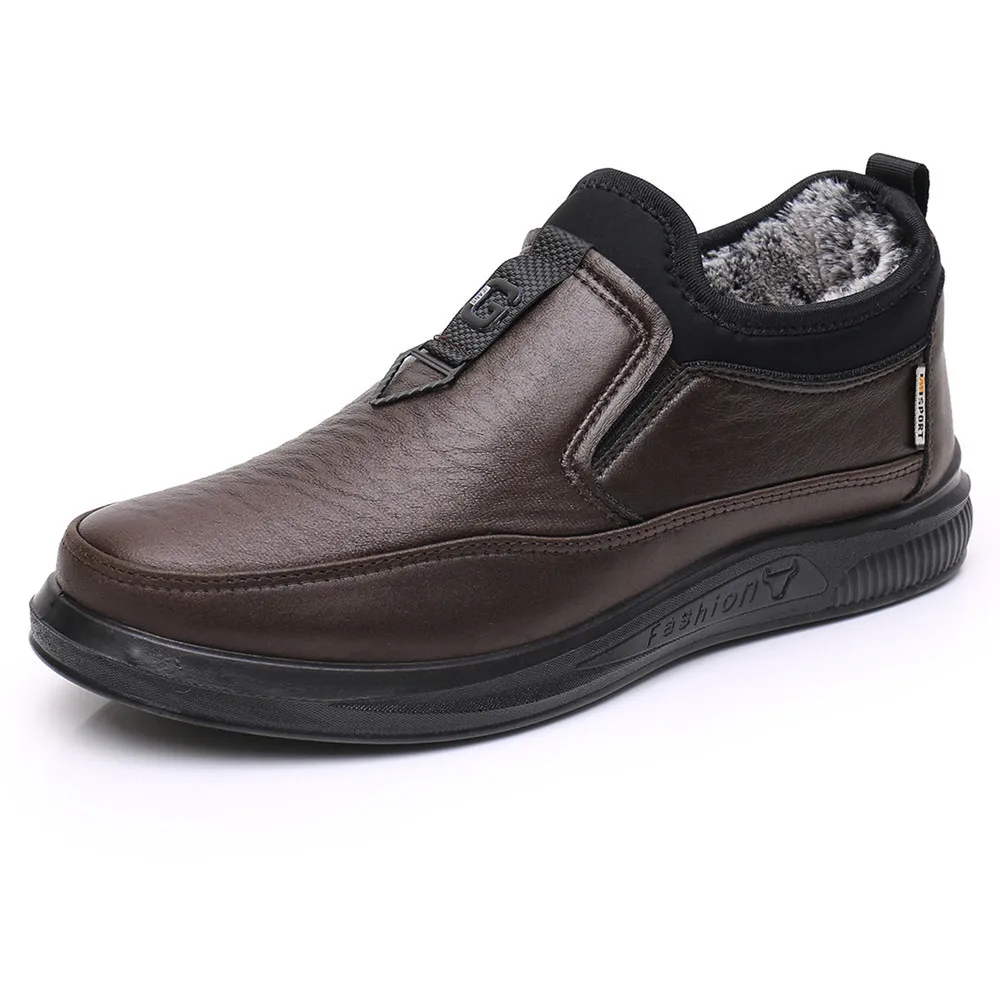 PU sole light weight water proof fur lined Mens winter warm leather boots loafers Shoes moccasins for men
