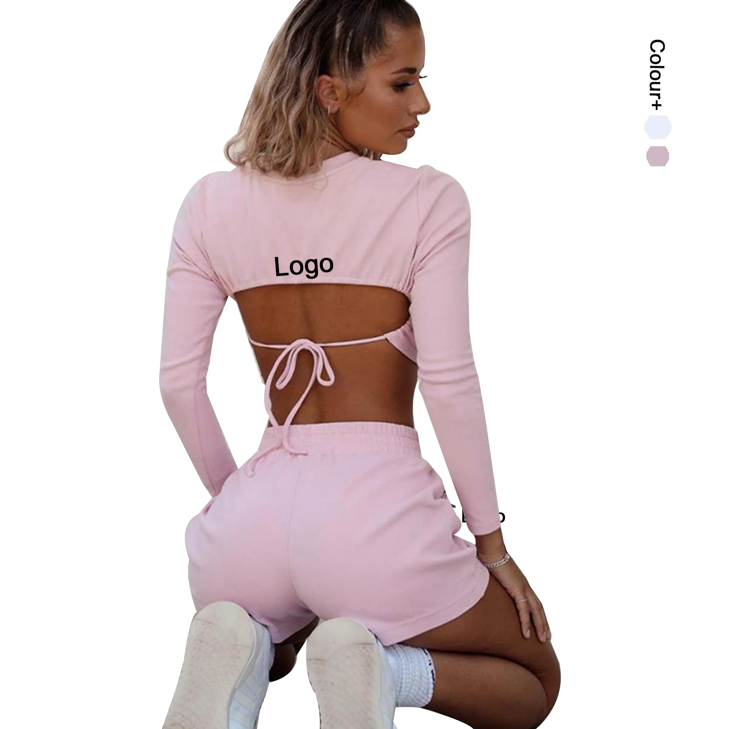 Оптовая продажа спортивной одежды с логотипом на заказ для занятий йогой Женские топы с длинным рукавом и розовые короткие комплекты