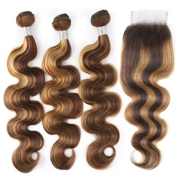 P4/27 Piano Highlight 100g Body Wave Bone Straight Brazilian Double Drawn Mixed Color raw Human Hair Weave Bundle with closure