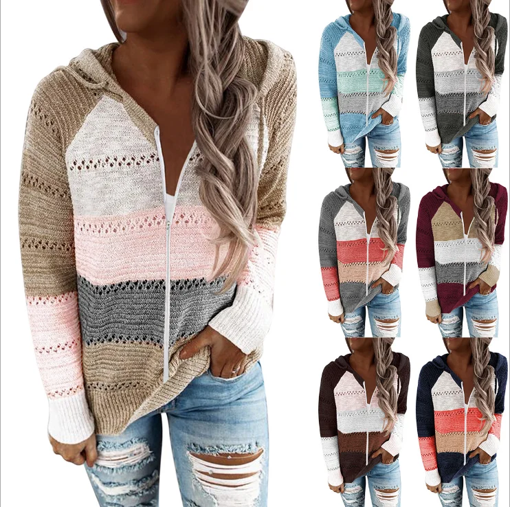 
2021 new women patchwork zippered hooded sweater striped cardigan 