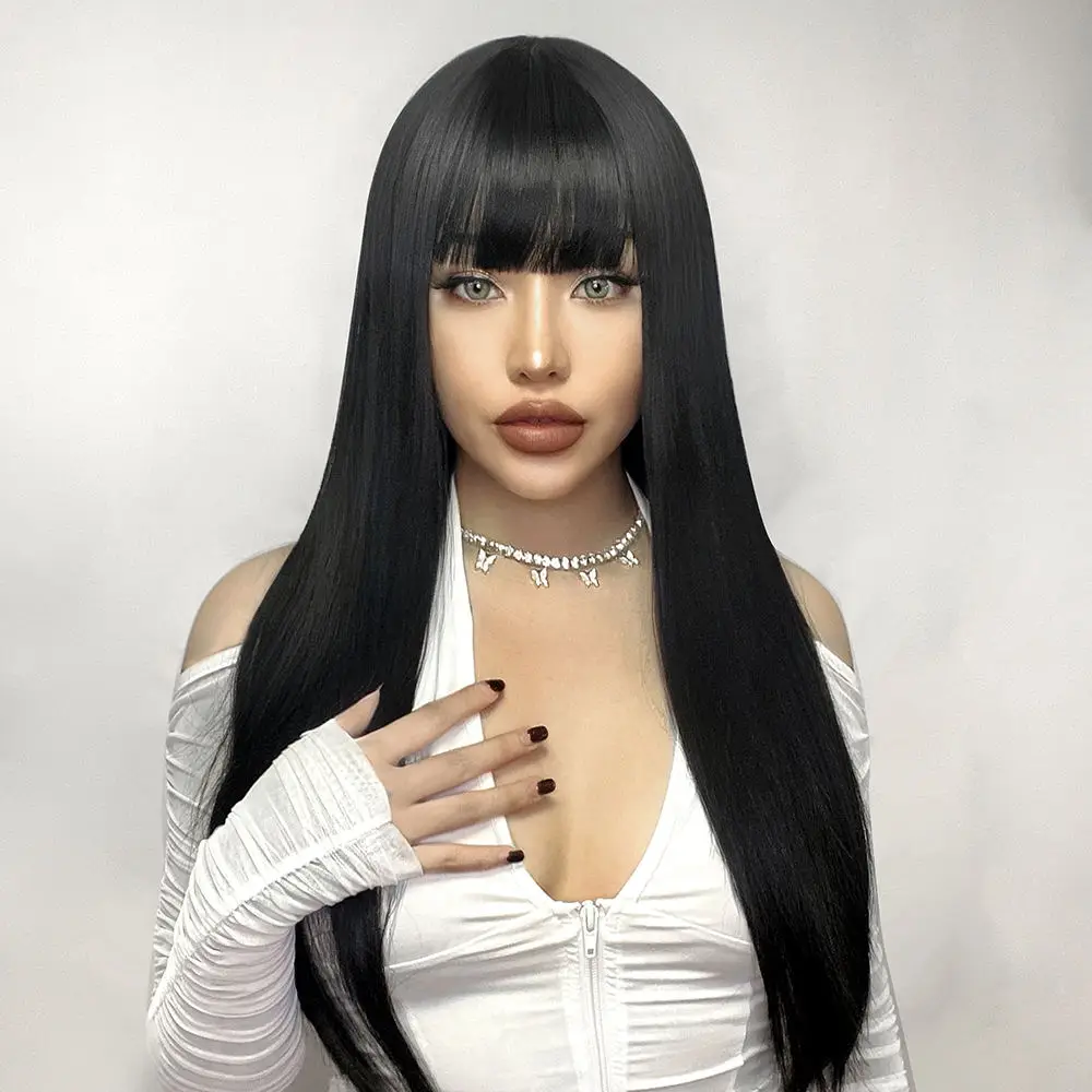 wholesale cheap high quality long straight black color fashion synthetic hair wig with bangs for women