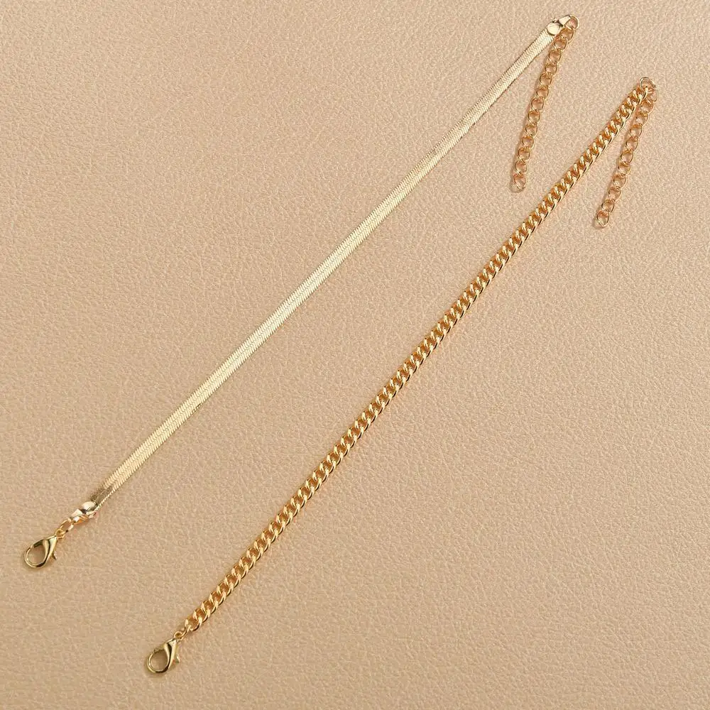 14k gold flat snake chain and cube chain stainless steel anklet set for girls