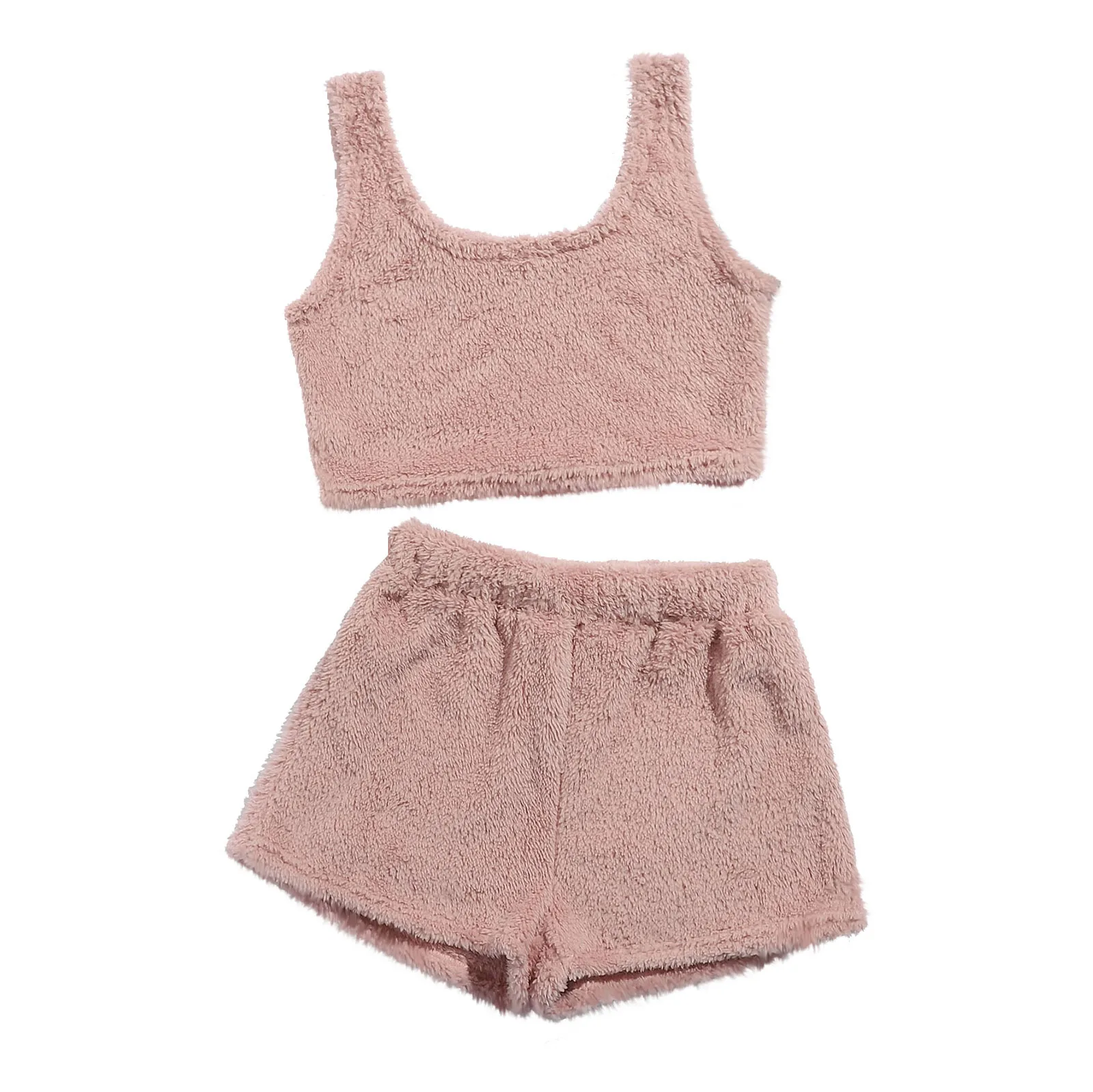 2021 Winter  New Warm Fur Fluffy Plush Crop Top And Shorts Two Piece Women Loungewear Set