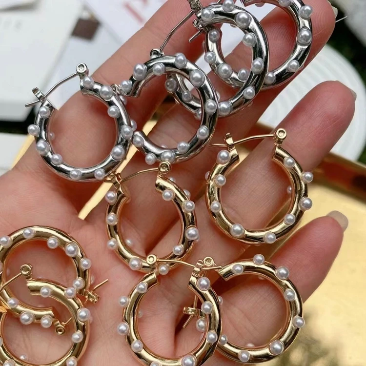 Big Large Round Circle Hoop Earrings Pearl Beads 18K Gold Sliver Color Brass Stud Earrings