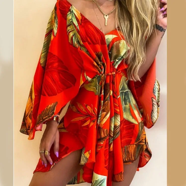 Batwing Sleeve Sexy V-Neck Leaf Print Party Dress Women Elegant Lace-Up Waist Dress Casual Irregular Beach Dress