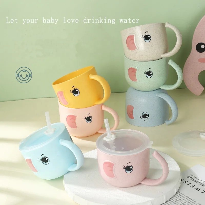 Cartoon baby wheat straw elephant drinking mugs with lid Kids sippy cup Kindergarten household milk drinking cup Leakproof