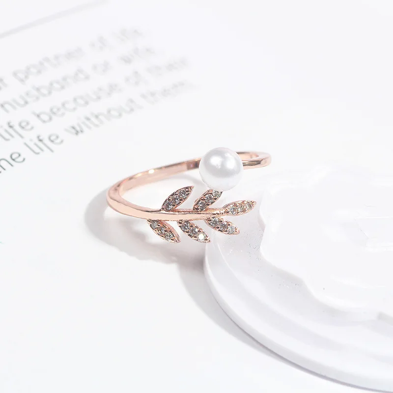 
Korean version of temperament and color open ring simple josiah leaves set zircon pearl ring FOR WOMEN 