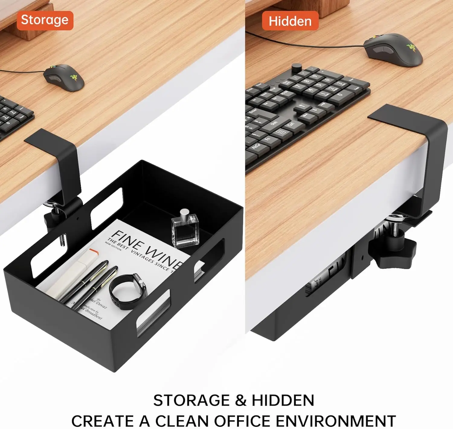 Clamp-on Side Desk Swivel Organizer, Under Desk Hidden Storage Drawer with Cable Hole, Hanging Desk Rotated Metal Basket