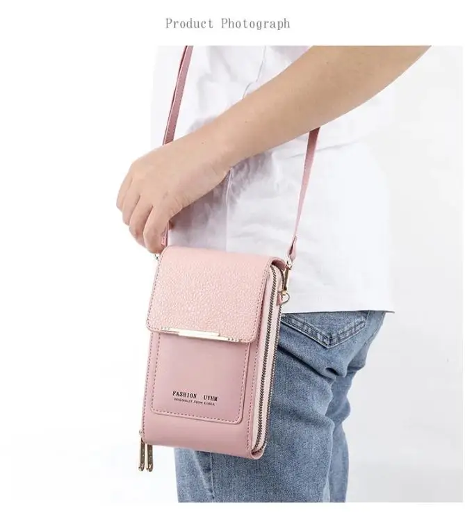 Wholesale ladies PU leather Mini Card Holder Double Zipper women shoulder bags Touch screen mobile phone bags