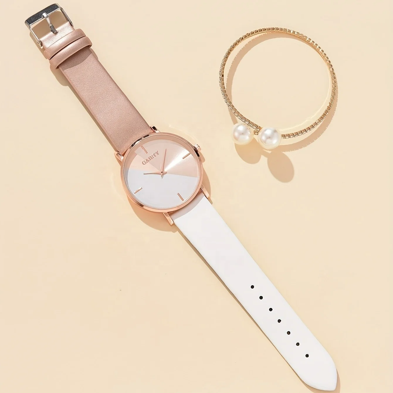 New Arrival 2pcs Set Two-tone Strap Leather Pearl Bracelet Luxury ladies unique wrist Watch with bangle Set For Women Gift