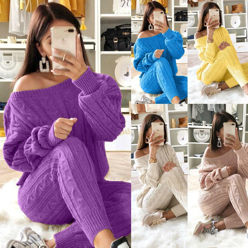Winter Ladies O Neck Pullover Top Pants Sweater 2 Piece Set Sweater Suit Solid Color Oversized Knitted Sweater Set For Women