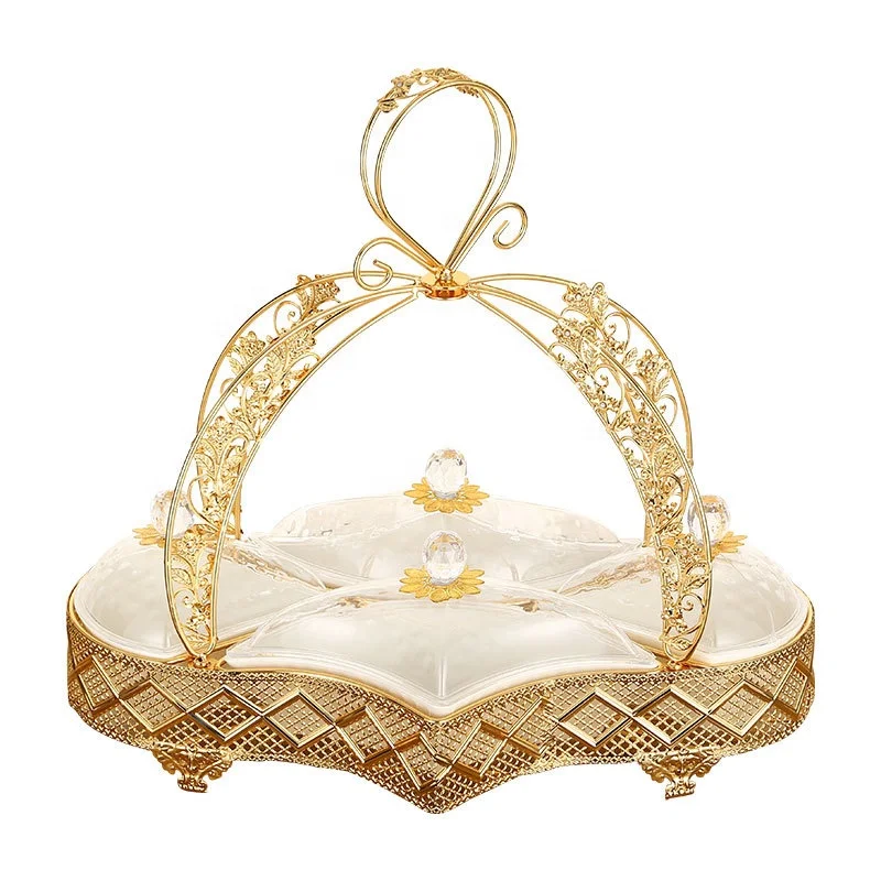 Home Decorative Golden Plated Metal iron Serving Candy Dry Fruit Deco Storage Tray With 4 acrylic Bays