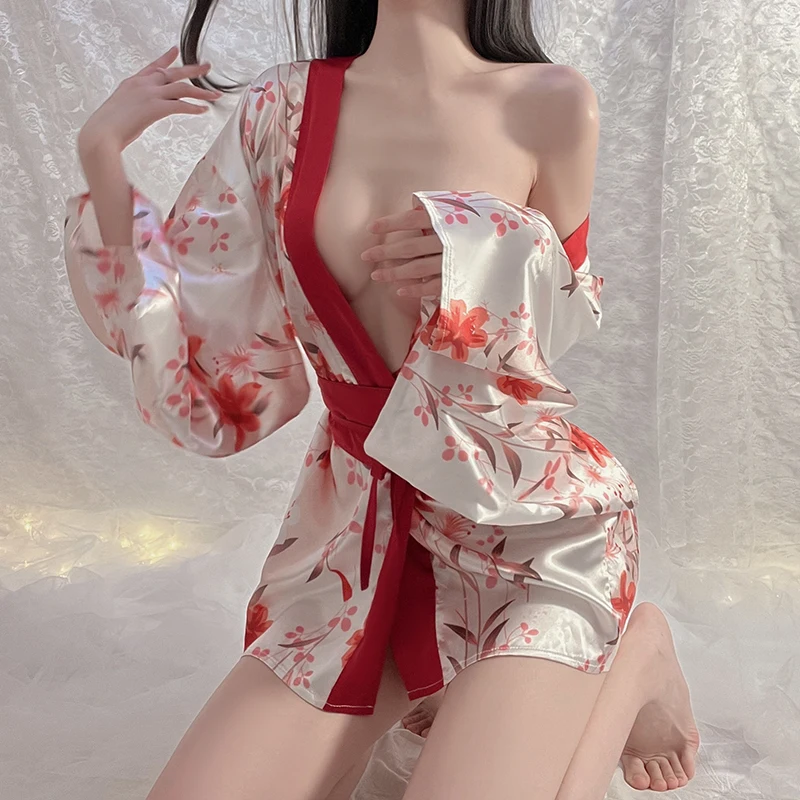 wholesale Japanese dual wear Kimono printed satin  night robe sexy women sleepwear GR1567