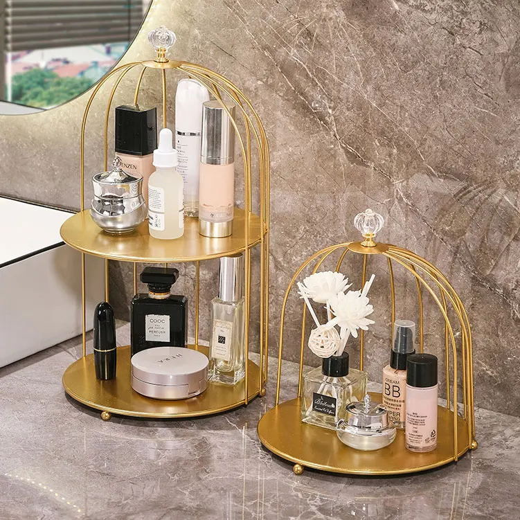 Golden Bird Cage Iron Art Nordic Lipstick Perfume Skin Care Metal Product Finishing Table Cosmetic Storage Rack