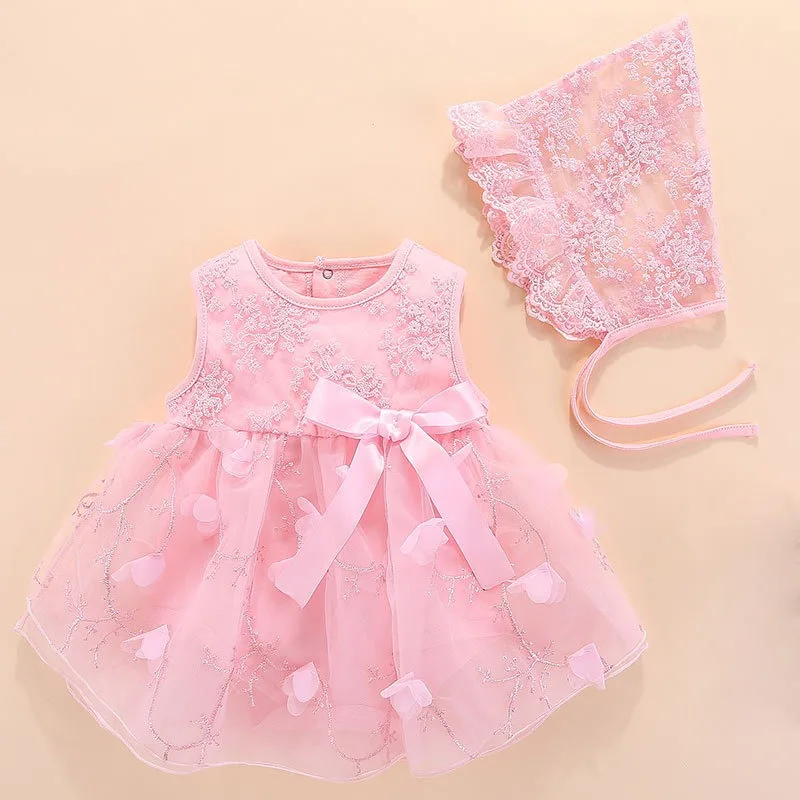 Wholesale Baby Clothes Baby Girl Summer Birthday Party Flower Lace Dress with Hat