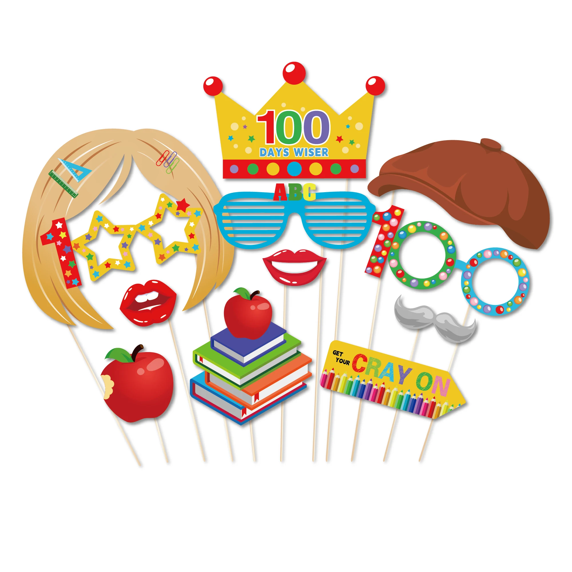 Huancai 100th Day Of School Photo Booth Props 25 PCS Party Selfie Props Kit with Sticks for Hooray 100th Day Party Supplies