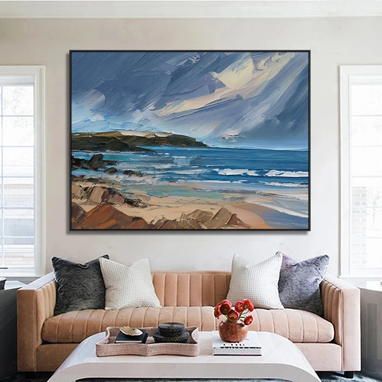 Hand Painted Artwork Modern Landscape Acrylic Wall Art Picture Sea Scenery Abstract Seascape Oil Painting on Canvas