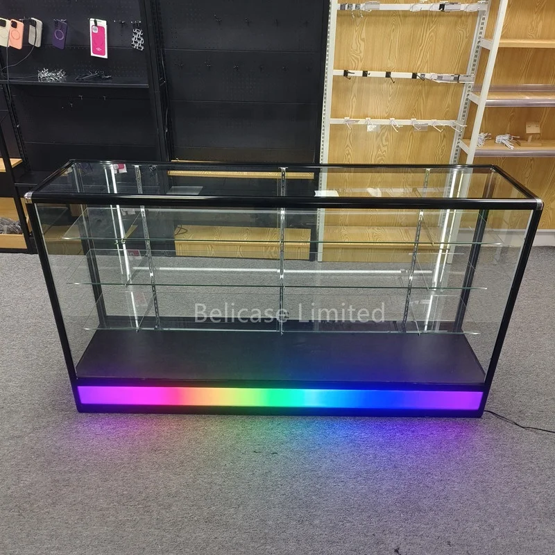 Fashionable 70 inch Glass Showcase Adjustable Shelves Aluminium Smoke Shop Display Case with Color Light